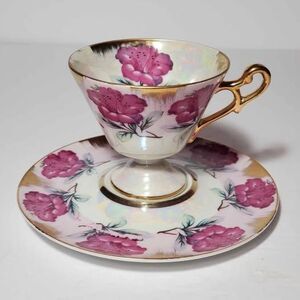 Pink Flowers Teacup and Saucer Opalescent Vintage